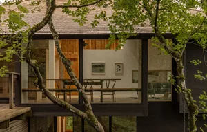 Interior view of a modern living and dining room with wood finishes.