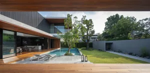 Modern residential house with wood, glass, and steel materials