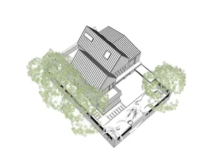 Isometric view of a one-story house with a metal roof and concrete walls.