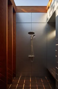 Modern minimalist bathroom with a glass shower enclosure, featuring sleek, stainless steel fixtures.