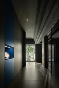 A modern interior corridor with dark concrete walls and a large potted plant in the background. The corridor is illuminated b
