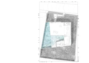 Floor plan of a modern residential structure with a pool and garden.