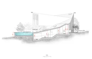 A 2D technical drawing of a modern house with concrete, glass, and wood materials.
