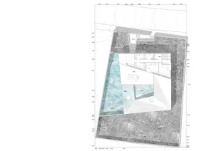 Floor plan of a modern house featuring glass, concrete, and stainless steel materials.