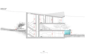 Modern interior with wood, concrete, and glass materials