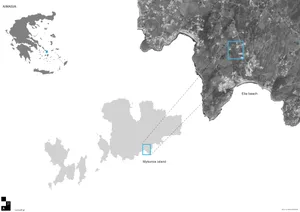 Mykonos Island map showing the location of Elia beach and Mykonos island within the Aegean Sea.