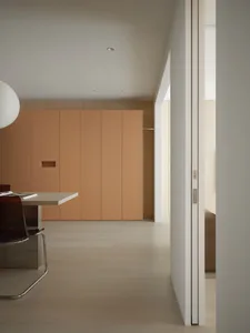 A minimalist residential space featuring wood elements.
