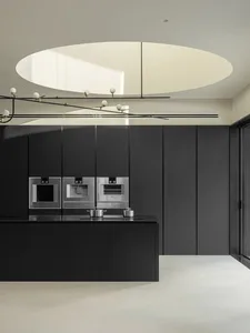 Contemporary minimalist kitchen with sleek black cabinetry and metallic appliances