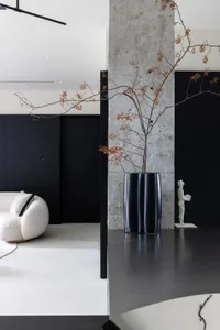 Modern living room featuring a black vase with concrete and orange berries, set against a black wall and floor.