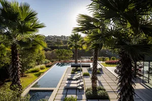 Outdoor landscape design featuring a water body, concrete pool, and lush plants