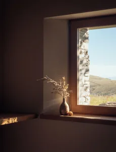 A minimalist window with a stone facade and a glass pane, set against a wall with a wooden ledge holding a small vase with dr