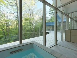 Modern spa with glass walls and wooden floors overlooking a forest.
