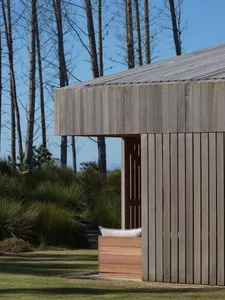 A modern exterior with wooden siding and a slanted roof against a backdrop of tall, bare trees.