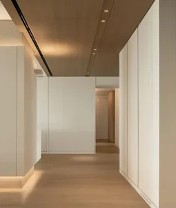 Modern minimalist interior design featuring white wood and sleek white walls.