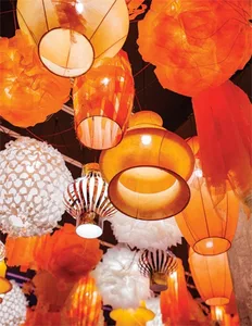 Multiple colorful lanterns hanging from the ceiling