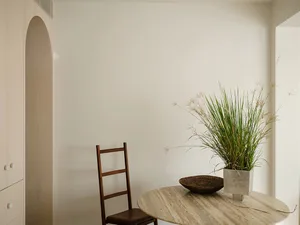 A minimalist interior design featuring a wooden chair and table with a potted plant.