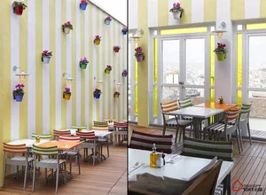 Outdoor seating area of a coffee shop with concrete walls and glass windows.