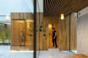 A modern entrance hall with wooden floors and walls, featuring plants and a glass wall.