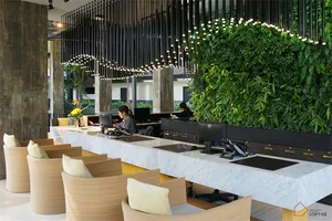 A modern hotel reception area featuring a large green wall and concrete finishes