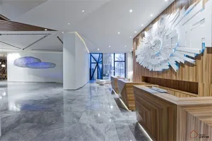 Modern lobby with concrete and wooden elements