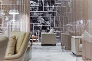 Modern living room interior with glass and marble features