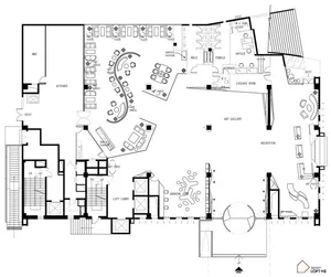 Detailed 2D architectural drawing of an office interior designed in neutral colors, including functional zones like reception