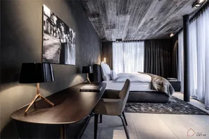Modern industrial bedroom featuring concrete and wooden textures, with a minimalist and luxurious design.