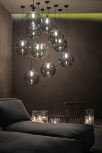 Modern living room with large glass pendant lights
