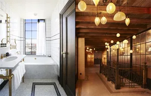 Modern bathroom corridor with tile walls and wooden ceiling