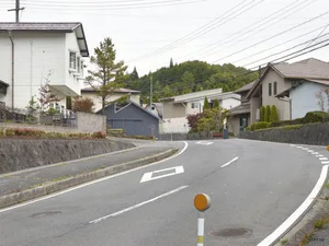 A residential street scene featuring buildings made of concrete, asphalt, and wood materials.