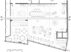 Floor plan of a hotel lobby with seating arrangements, a food & beverage area, and check-in counters.