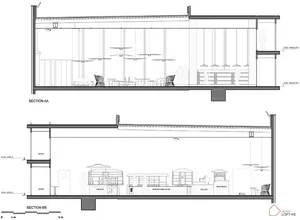 Line drawing depicting a modern-industrial office space layout.