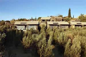 Row of houses with clay roof tiles and stone walls amidst vegetation