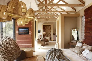 Industrial-style bedroom with wooden elements