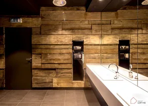 Modern minimalist bathroom featuring wooden walls.