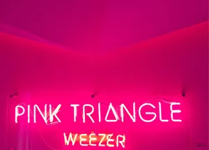 粉紅色霓虹燈招牌，寫有「Pink Triangle」與「Weezer」小寫字母。