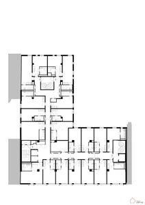 A detailed architectural drawing of a modern office space layout.