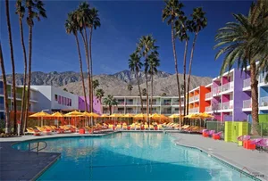 Poolside lounge area with colorful architectural elements