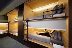 Modern furniture featuring wooden design elements.