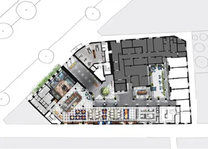 An architectural floor plan showcasing the patio furniture layout of a restaurant.