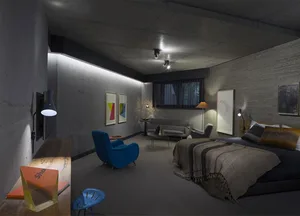 A modern bedroom with concrete walls and a minimalist design.