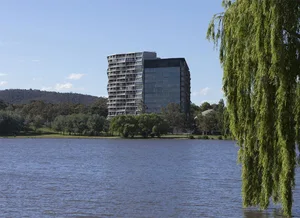A modern office building with glass and steel exterior.