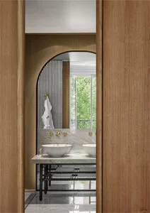 A minimalist bathroom featuring marble sinks and wooden accents.