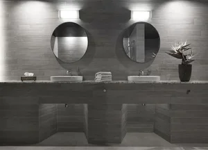 Modern bathroom with gray ceramic tiles, two sinks, and round mirrors.