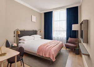 A modern bedroom featuring a double bed covered with a pink blanket, side table, desk, and chair with natural wooden finishes