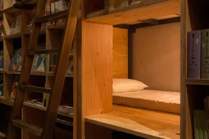 Embedded ladder library with mixed materials and minimalist design