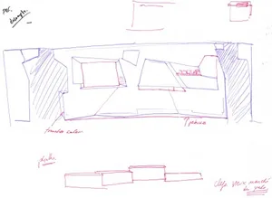 A detailed rendering of modern furniture, including tables, chairs, and other design elements.