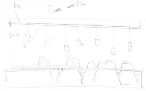 A mixed-media installation drawing in a museum-like setting with hanging sculptures and artistic elements.