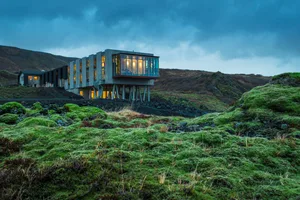 A modern residential house with concrete exterior and large glass windows, surrounded by lush green moss-covered land.