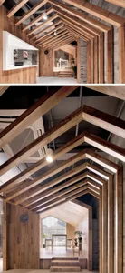 A modern interior design featuring a wooden ceiling and walls.